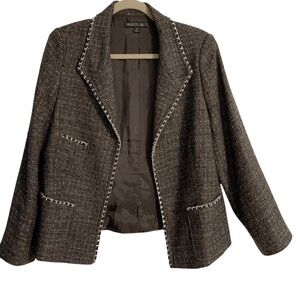 LAFAYETTE 148 NEW YORK Gray Wool Blend Tweed Silver Chain Trim Open Blazer SZ 10